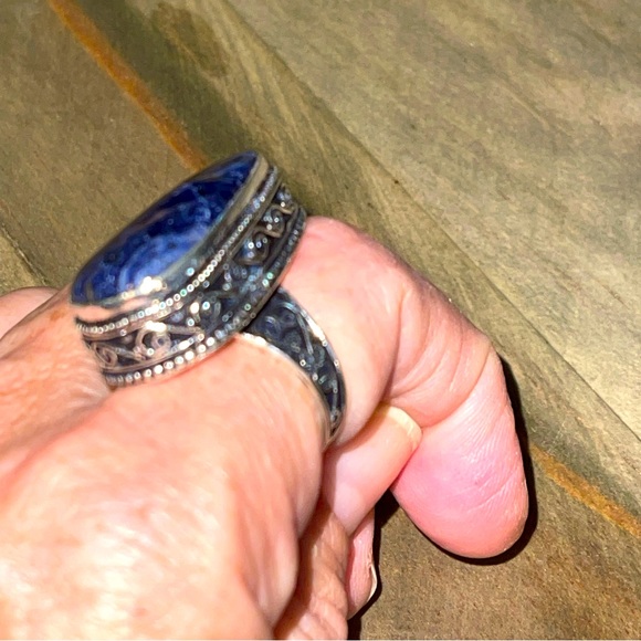 Vintage Sodalite Chunky Gemstone Boho, Festival Ring Size 6.5 Silver Blue - Picture 3 of 9